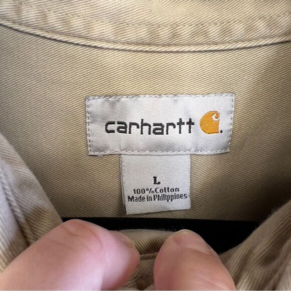 Vintage Men’s Canvas leather patch Carhartt Button up large  100% cotton - Picture 4 of 16